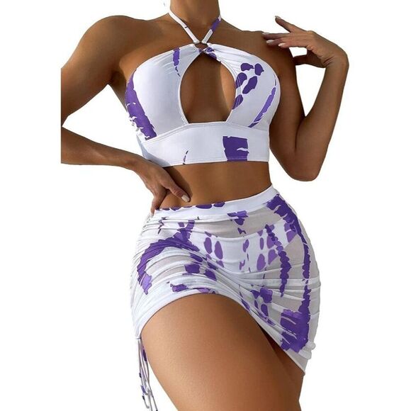 NEW Evelust Sexy 3 Pc Swimsuits -Cutout O-Ring Halter Bikini & Cover Up Skirt LG - Picture 1 of 16